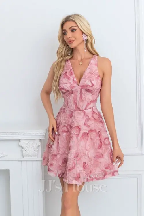 Flower V-Neck Sleeveless A-line Tulle Mini Dress