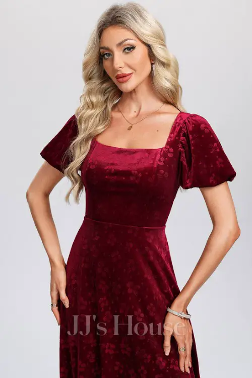 Jacquard Square Short Sleeve A-line Velvet Midi Dress