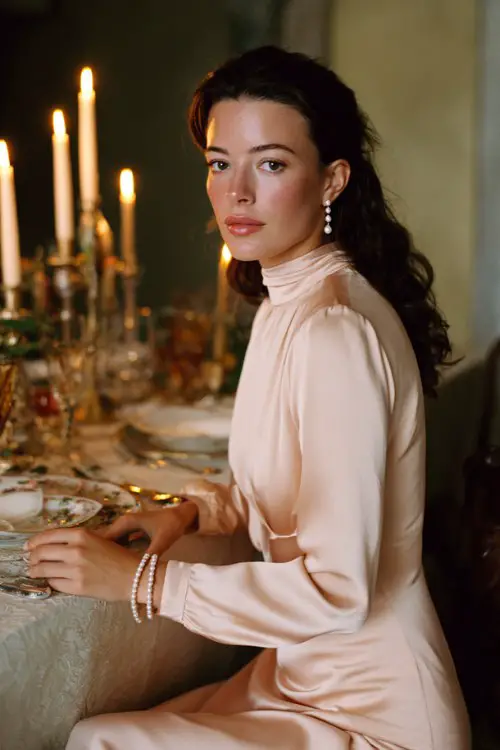 Old money woman attending an elegant dinner wearing a blush pink satin long-sleeve midi dress with a high neckline and flowing skirt, refined modest silhouette