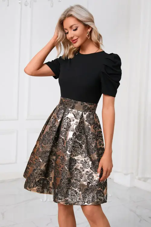 Pleated Scoop Short Sleeve A-line Jacquard Mini Dress