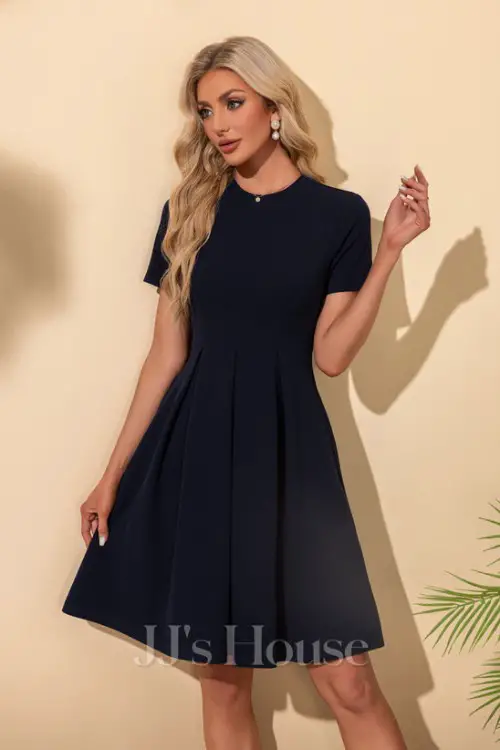 Pleated Scoop Short Sleeve A-line Stretch Crepe Midi Dress