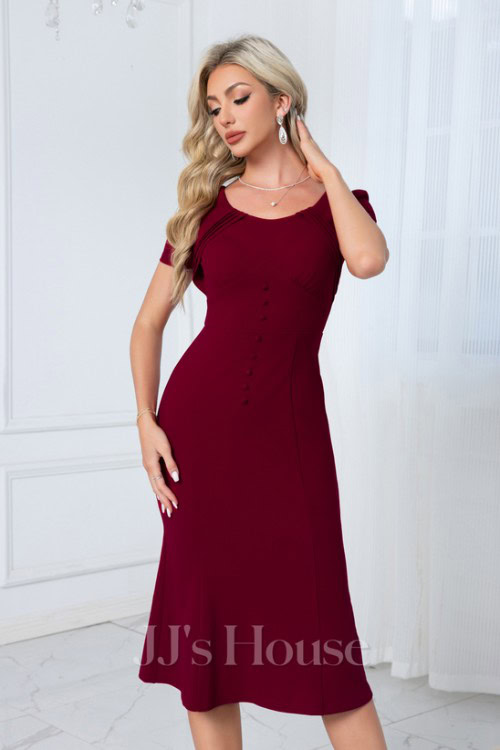 Pleated Scoop Short Sleeve Trumpet_Mermaid Stretch Crepe Midi Dress