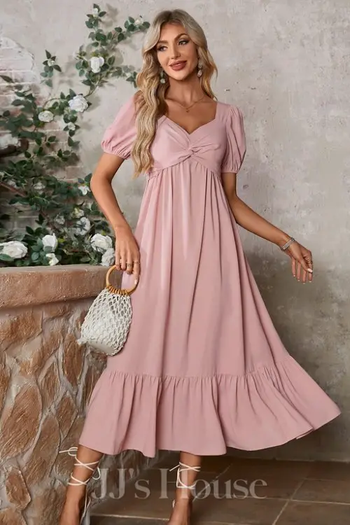 Ruched Bow V-Neck Sleeveless A-line Cotton Blends Midi Dress