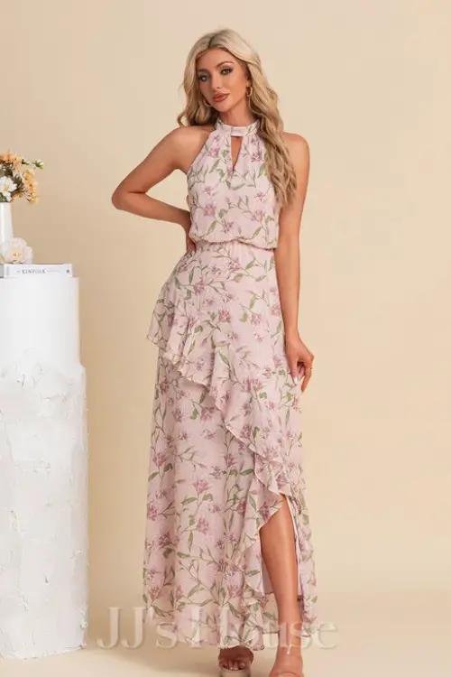 Ruffle Floral Print Halter Sleeveless A-line Chiffon Asymmetrical Maxi Dress