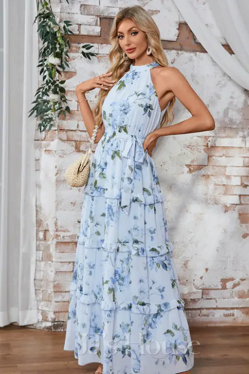Ruffle Floral Print Halter Sleeveless A-line Chiffon Maxi Dress