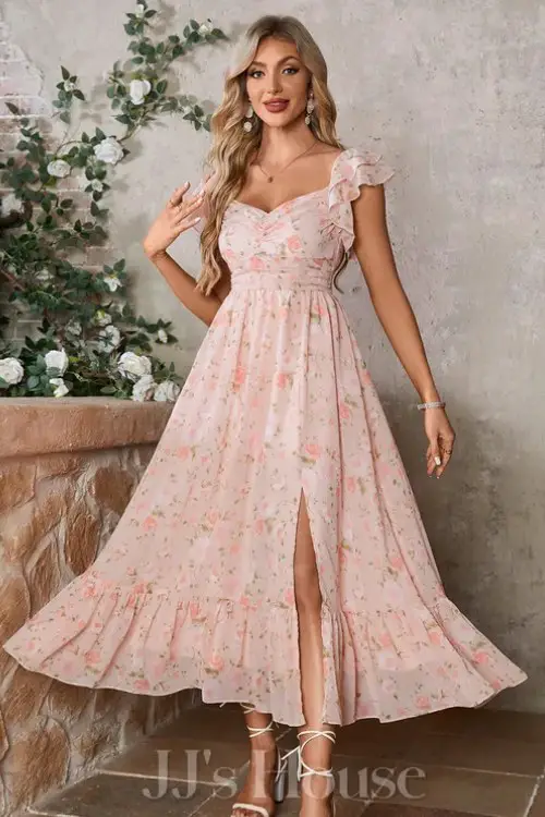 Ruffle Floral Print Smocked V-Neck Sleeveless A-line Chiffon Midi Dress
