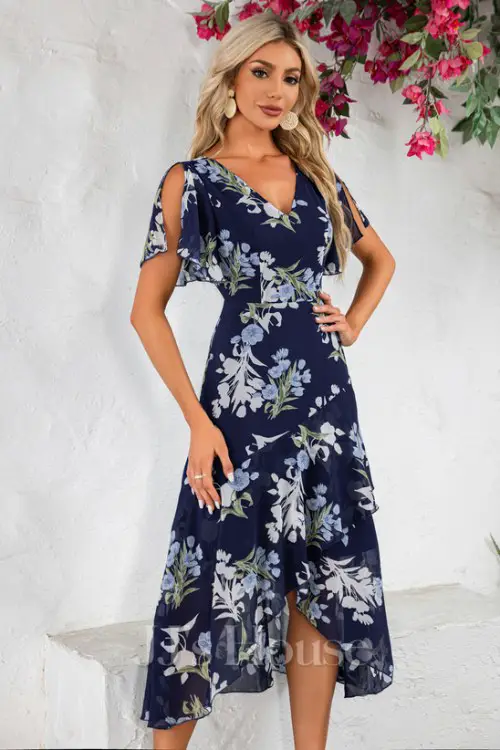 Ruffle Floral Print V-Neck Short Sleeve Flutter Sleeve A-line Chiffon Asymmetrical Midi Dress