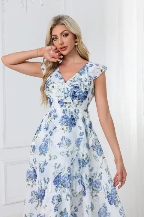 Ruffle Floral Print V-Neck Sleeveless A-line Chiffon Asymmetrical Midi Dress