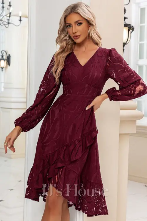 Ruffle V-Neck Long Sleeve A-line Lace Midi Dress