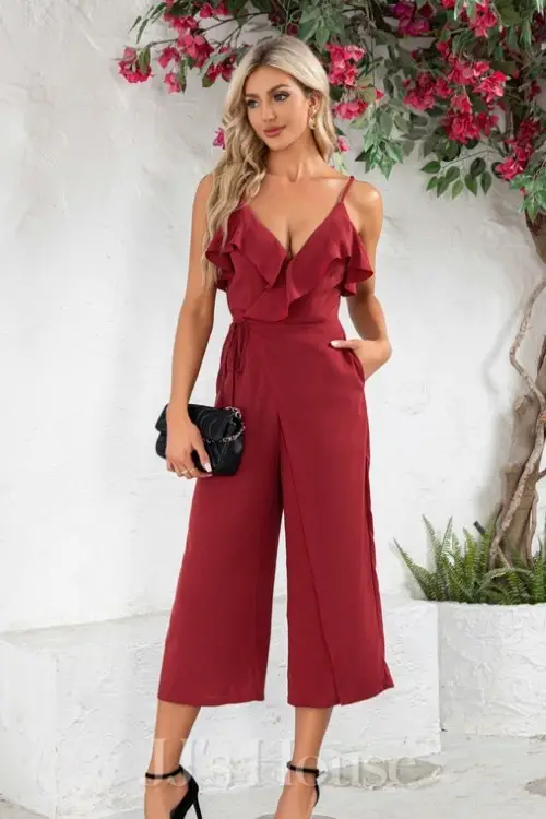 Ruffle V-Neck Spaghetti Straps Cotton Blends Midi Jumpsuits