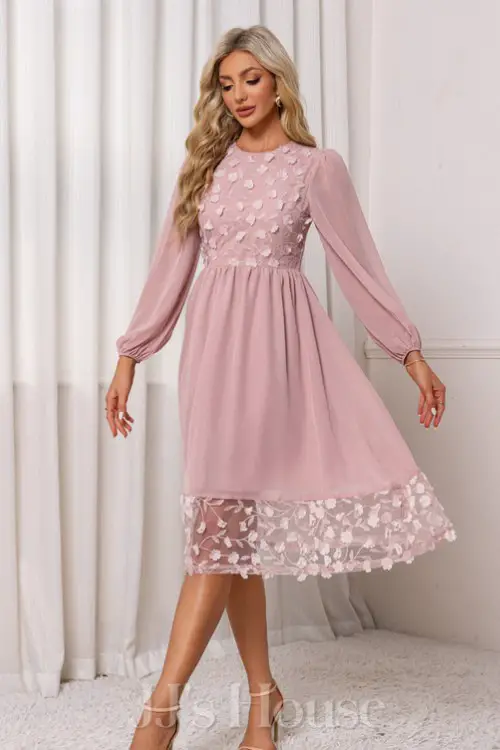 Scoop Long Sleeve A-line Chiffon Lace Midi Dress