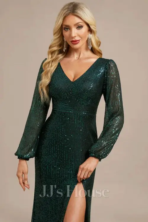 SheathColumn V-Neck Floor-Length Sequin Evening Dress
