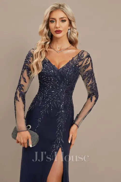 Sheath_Column V-Neck Floor-Length Lace Chiffon Evening Dress With Sequins