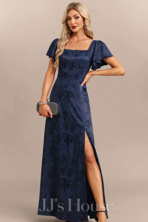 Square Flutter Sleeve A-line Jacquard Maxi Dress