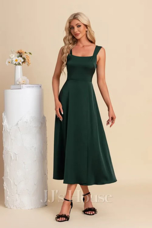 Square Sleeveless A-line Satin Midi Dress