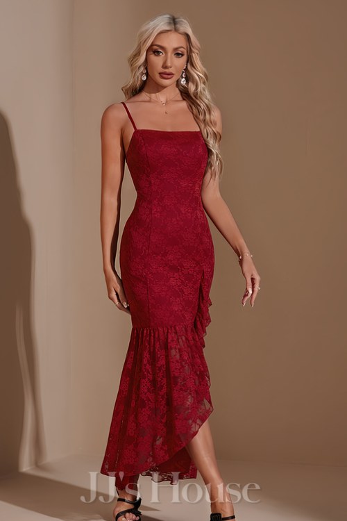 Square Spaghetti Straps Trumpet_Mermaid Lace Asymmetrical Maxi Dress