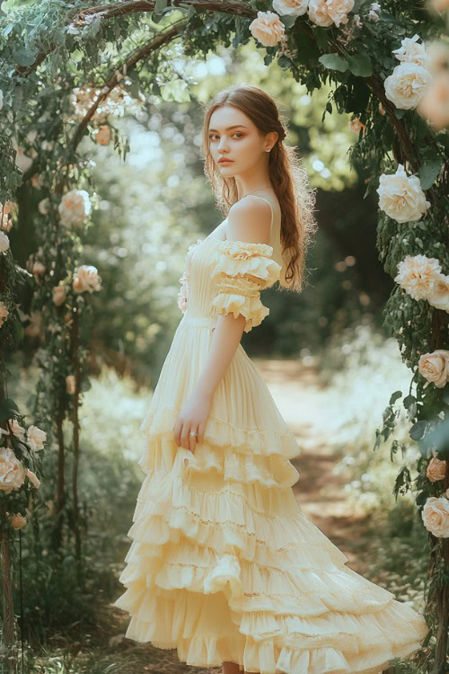 Stylish woman in a pastel yellow high-low midi dress with tiered layers and ruffled sleeves, standing near a softly lit floral wedding arch with greenery