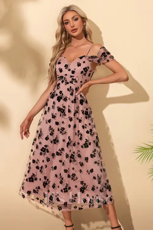 Sweetheart Spaghetti Straps A-line Jacquard Lace Tulle Midi Dress