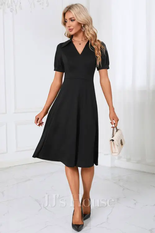 V-Neck Collared Short Sleeve A-line Cotton Blends Midi Dress