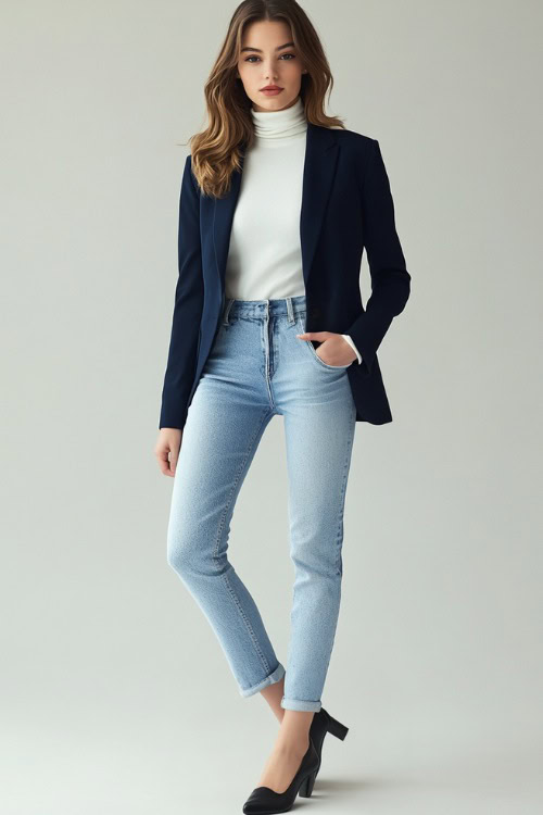 Woman in a navy blue blazer styled over a white turtleneck, paired with light-wash cropped jeans and black loafers.