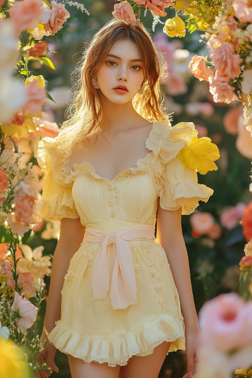 Woman in a pastel yellow short wrap dress with flutter sleeves, ruffle accents, and a cinched waist, standing near a brightly lit floral wedding arch.