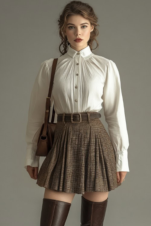 Woman in a white blouse tucked into a high-waisted tweed skirt, paired with knee-high brown leather boots and a clutch