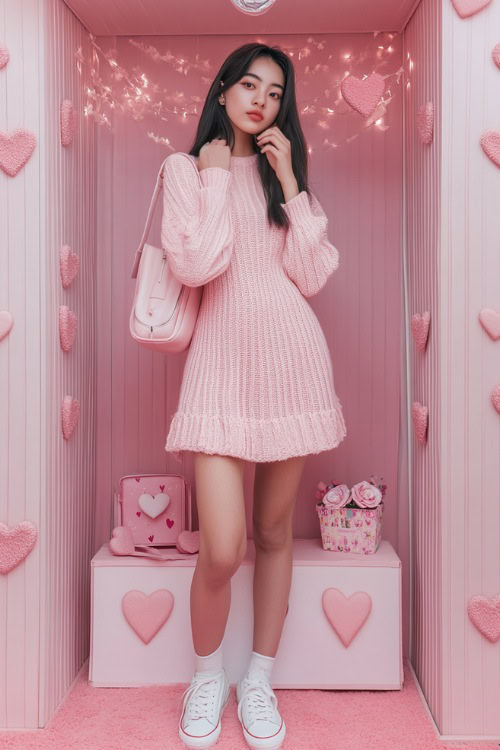 Woman wearing a soft pink knit dress, paired with white low-top sneakers and a small shoulder bag