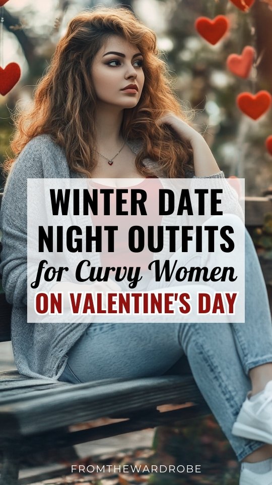 a curvy woman wears a red top, cardigan, jeans for Valentine's Day date night in winter