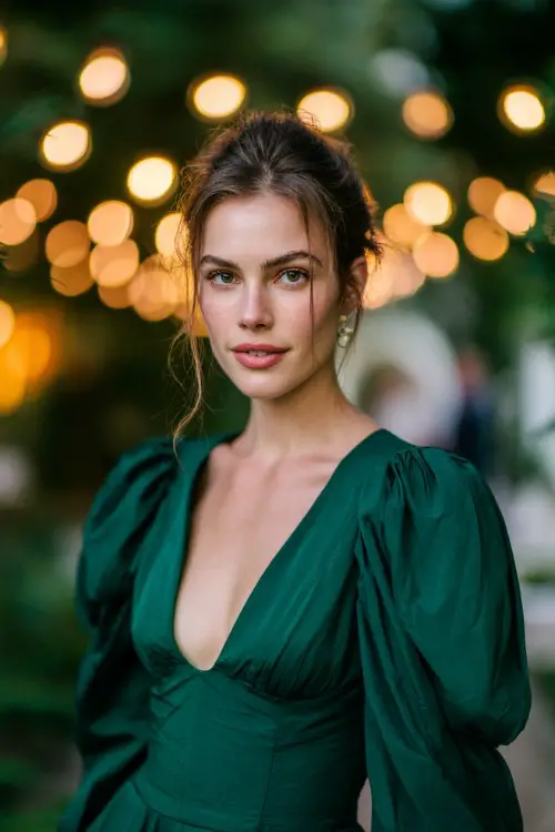a deep emerald green dress with dramatic puff sleeves, standing in a garden illuminated by warm string lights at dusk