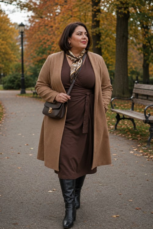a plus-size woman wearing a chocolate wrap midi dress, a camel cardigan coat, tall black leather boots, and a printed silk scarf, finished with a structured crossbody bag