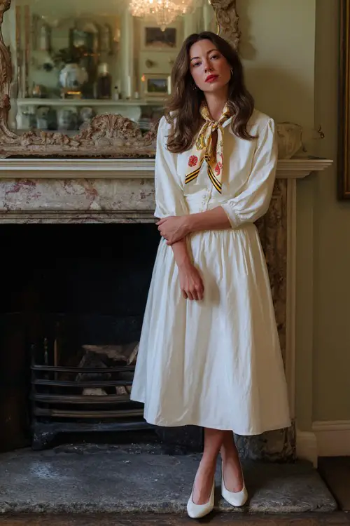 a woman in a casual old money outfit with dress, silk scarf, kitten heels