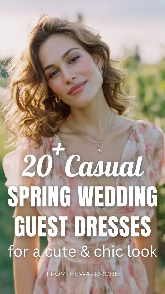 a woman in a casual spring wedding guest dress with floral or pastel tones