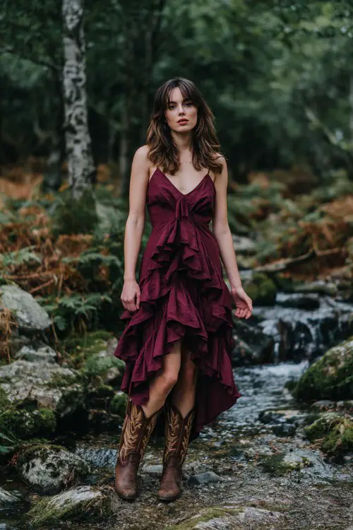a woman in a deep burgundy ruffled high low midi dress and brown cowboy boots