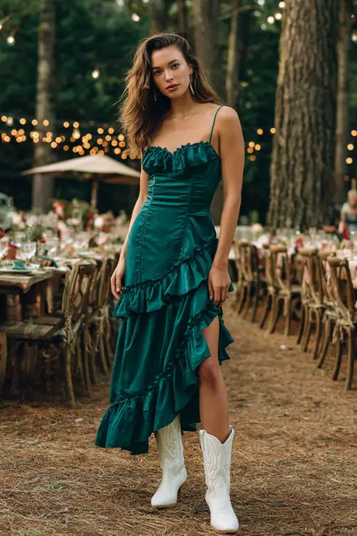 a woman in a deep emerald ruffled maxi dress and white cowboy boots, standing in a woodland dinner setting with string lights