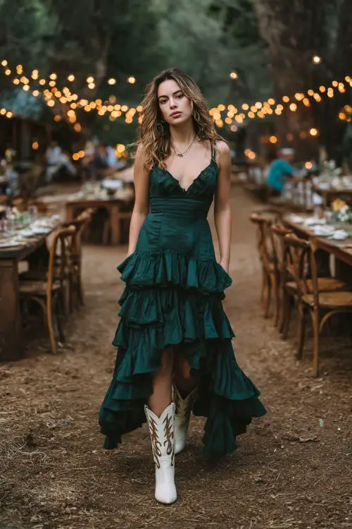 a woman in a deep emerald ruffled maxi dress and white cowboy boots, standing in a woodland dinner setting with string lights