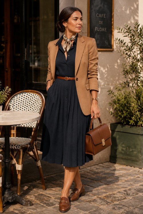 a woman in a navy shirt dress with a softly pleated skirt, a camel blazer, and brown loafers, finished with a silk neck scarf