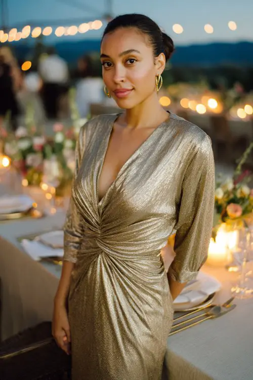 a woman in a shimmering gold metallic wrap dress, standing at an outdoor evening dinner setting with warm lights and floral décor