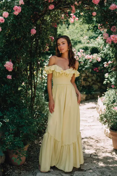 a woman in a soft yellow ruffled maxi dress with off-the-shoulder sleeves, standing beneath an arch of blooming pink roses