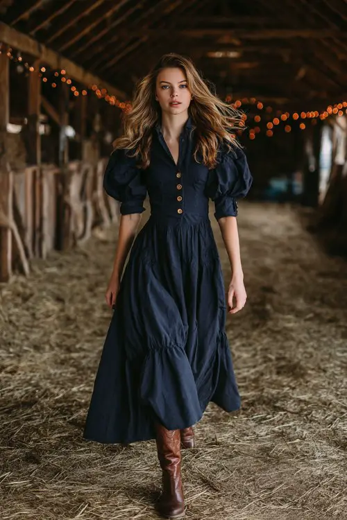 a woman walking in a rustic barn, wearing a navy blue high-low dress with puff sleeves and a buttoned bodice, styled with brown leather boots
