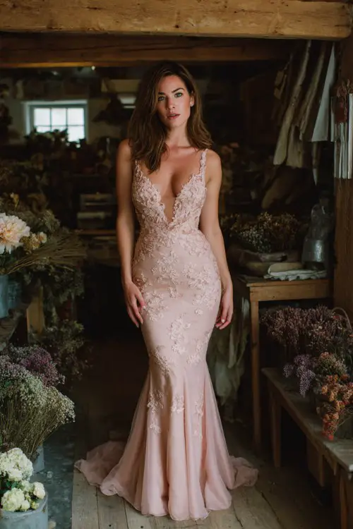 a woman wearing a blush pink mermaid gown with floral lace appliqués and a plunging neckline