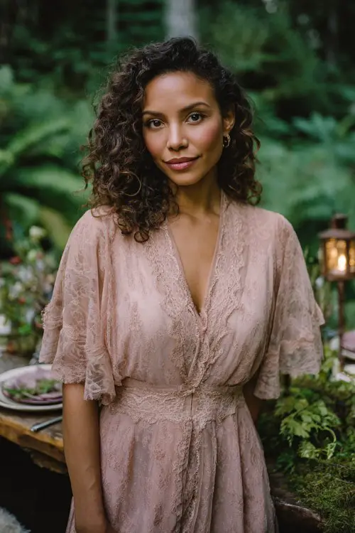 a woman wearing a blush pink vintage-inspired lace dress with flutter sleeves, standing in a lush forest dining setting