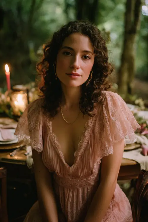 a woman wearing a blush pink vintage-inspired lace dress with flutter sleeves