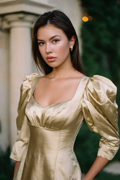 a woman wearing a gold satin gown with puff sleeves and a sculpted bodice