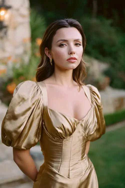 a woman wearing a gold satin gown with puff sleeves and a sculpted bodice