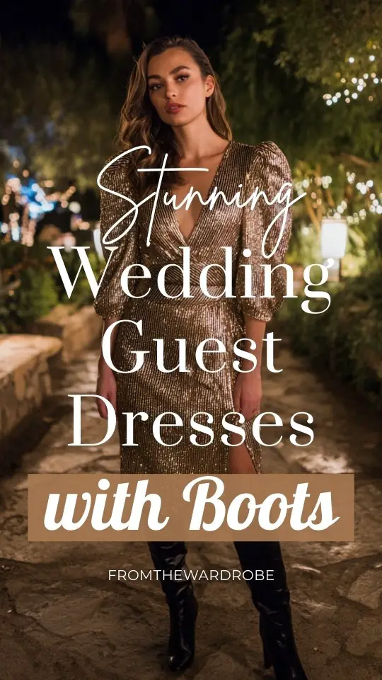 a woman wearing a gold sequin midi wedding guest dress with boots