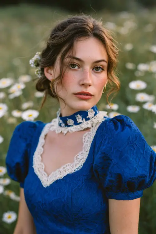 a woman wearing a royal blue lace dress with white embroidered neckline and puff sleeves, standing in a blooming daisy field at golden hour