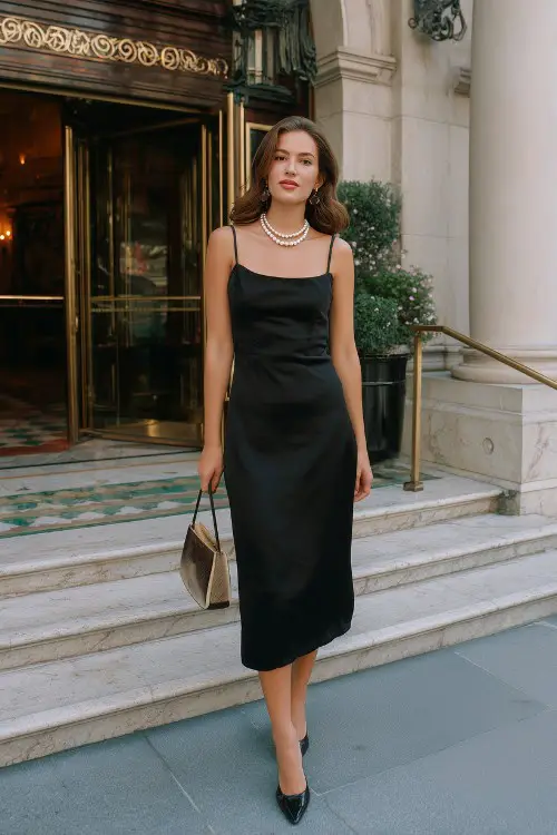 a woman wears a black dress with black heels and metallic bag