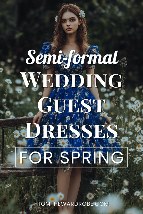 a woman wears a blue wedding guest dress for a semi-formal spring wedding