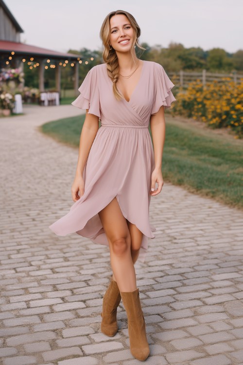 a woman wears a blush pink wedding guest dress with suede boots