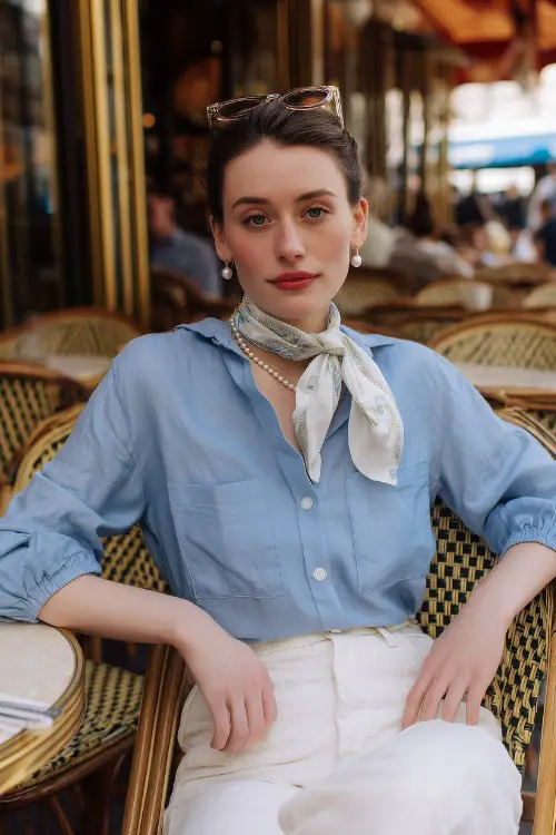 a woman wears a casual old money outfit with a blue shirt and white pants
